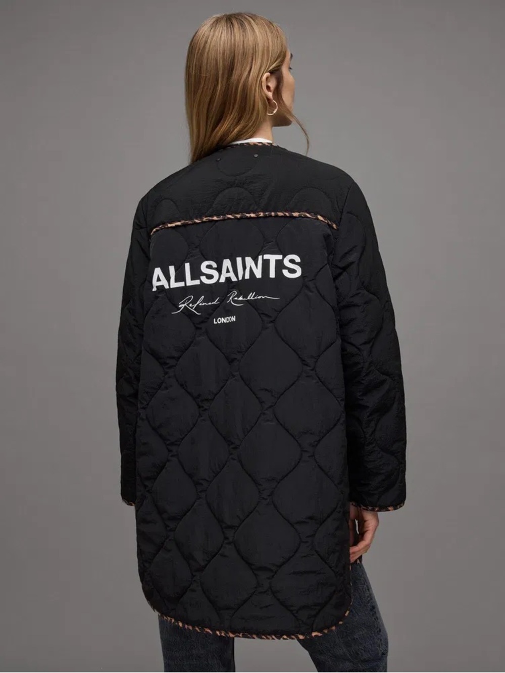 AllSaints Phyllis Black Quilted Logo Back Puffer Coat